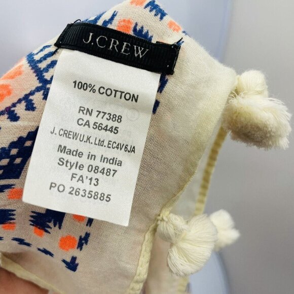 J Crew Womens One Size Cotton Mosiac Printed Tassel Trim Neck Scarf in Cream - Picture 5 of 6